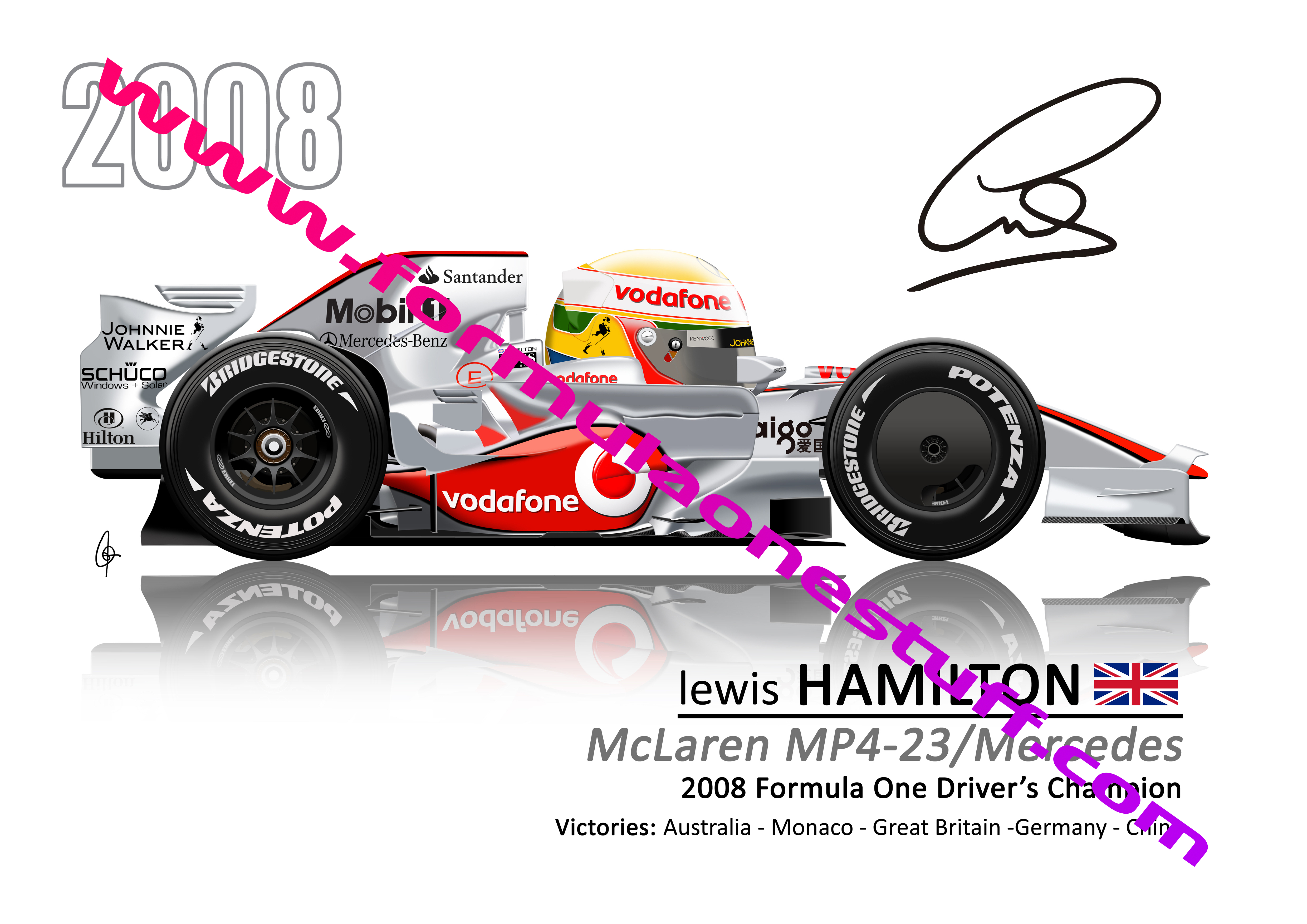 Signed TOONZ Mercedes Lewis Hamilton 2008 F1 driver cartoon poster – limited edition A3 satin print